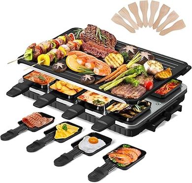 2-en-1 Gril à raclette 8 personnes Gril de table électrique Anti-adhésif Plaque de cuisson réversible électrique Raclette sans fumée avec 8 mini poêlons à raclette & 8 raclettes Lave-vaisselle 1300W