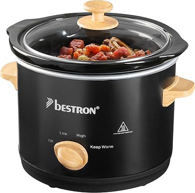 Bestron Mijoteuse électrique, Cuisinière à jonglerie avec poêle en céramique & couvercle en verre, thermostat à 3 niveaux, idéale pour la viande, les soupes et les légumes, 1,5L, Couleur: Noir/Bois