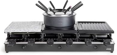 Raclette-Fondue Livoo 12 personnes : 5 appareils en 1, 1650W, 3 thermostats.
