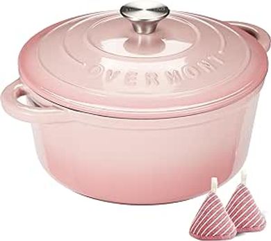 Cocotte émaillée Overmont 5,4 L : cuisson robuste, livre & maniques (rose)
