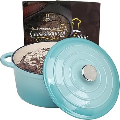 Chefarone Marmite à pain en fonte émaillée 24 cm – 3,5L pour mijoter, cuire et rôtir – Marmite à pain avec couvercle à induction – Cocotte en fonte (Bleu)