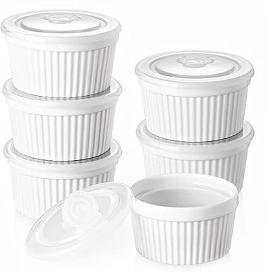 DOWAN Ramequins avec Couvercles Lot, 6 X 235 ml Ramequins et Moules à Soufflés en Porcelaine, Ramequin Creme Brulee pour Muffin & Gâteau, Ramequin Four à Pâtisserie, Glace, Sauce, Fruit, Ø10cm-Blanc