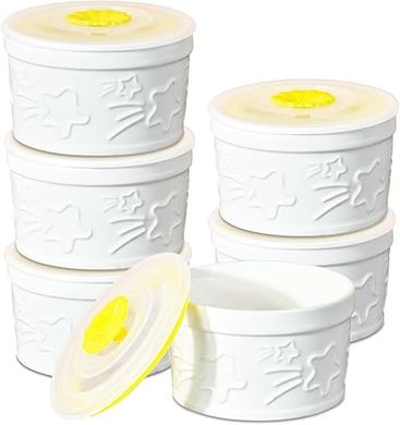 Lot de 6 ramequins en céramique de 236,8 g avec couvercles - Passe au four - Motif étoiles - Pour pudding personnel, crème brûlée, soufflé, sauce à tremper, mini bols de service simples,