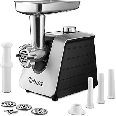 Hachoir électrique Twinzee : polyvalent, 1500W, 3 plaques/embouts.