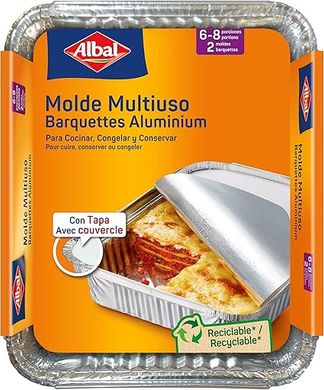 Albal Aluminium 32x26x5 centimètres avec Couvercle | Jetables | Griller, congeler et Conserver | 6-8 portions | 2 moules, 202567, 0, 1