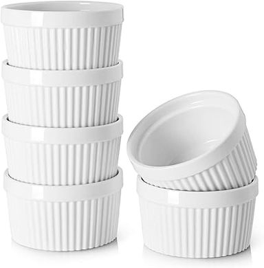 DOWAN Ramequin Lot, 6 X 235 ml Ramequins et Moules à Soufflés en Porcelaine, Ramequin Creme Brulee pour Muffin & Gâteau, Ramequin Four à Pâtisserie, Glace, Sauce, Fruit, Collation, Ø10cm-Blanc