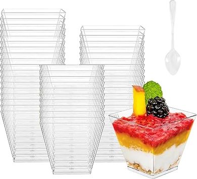 Gobelets et cuillères à dessert : lot de 50 (60ml, transparents)
