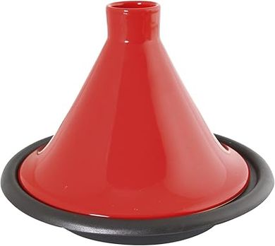 Tajine en fonte émaillée noire 31cm, couvercle terre-cuite rouge.
