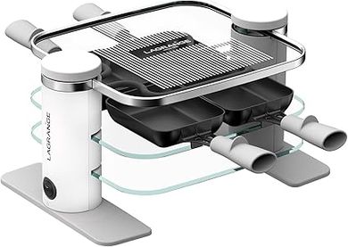 Raclette LAGRANGE 4 personnes: appareil 500W, plateaux verre, nettoyage facile.
