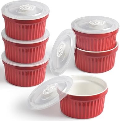 homEdge Lot de 6 ramequins en porcelaine avec couvercle, 240 ml, bol à crème glacée, pour crème brûlée, soufflé, rouge