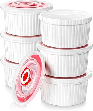 MALACASA Ramequins en Céramique avec Couvercles, Lot de 6 Ramequins à Crème Brûlée en Porcelaine Blanche de 237 ml, Passent au Lave-vaisselle et au Four, série Ramekin Dish