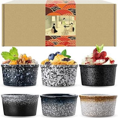 Artcome Lot de 6 ramequins en céramique pour pudding, crème brûlée, gâteaux de lave, tasses à crème pâtissière, souffle, bols à sauce en porcelaine, tasses à pudding japonais, passe au lave-vaisselle,